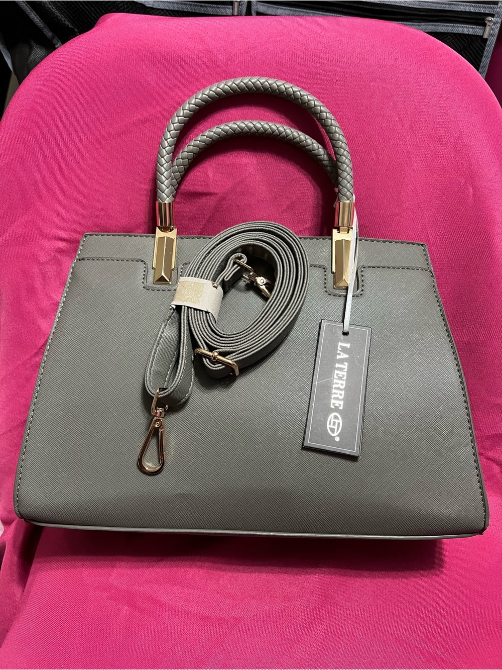 La Terre Structured Top-Handle Satchel in Olive Green, w/ crossbody strap